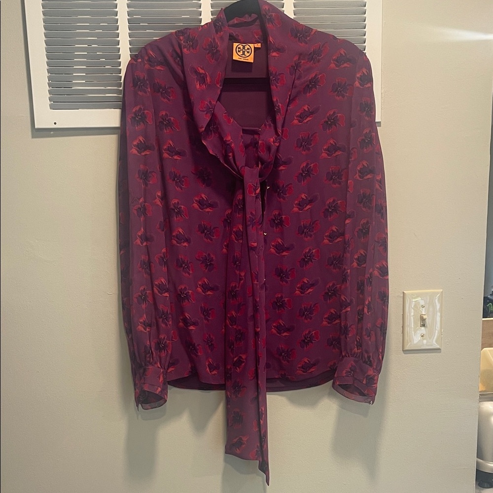 Floral Patterned Tory Burch Necktie purple silk Blouse